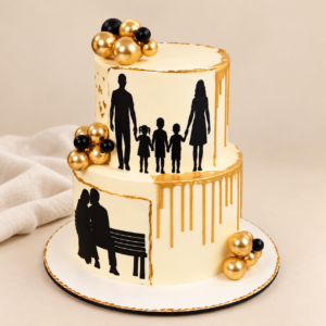 Zweistöckige cremeweiße Hochzeitstorte mit Golddrip, Kugeln und Familiensilhouetten