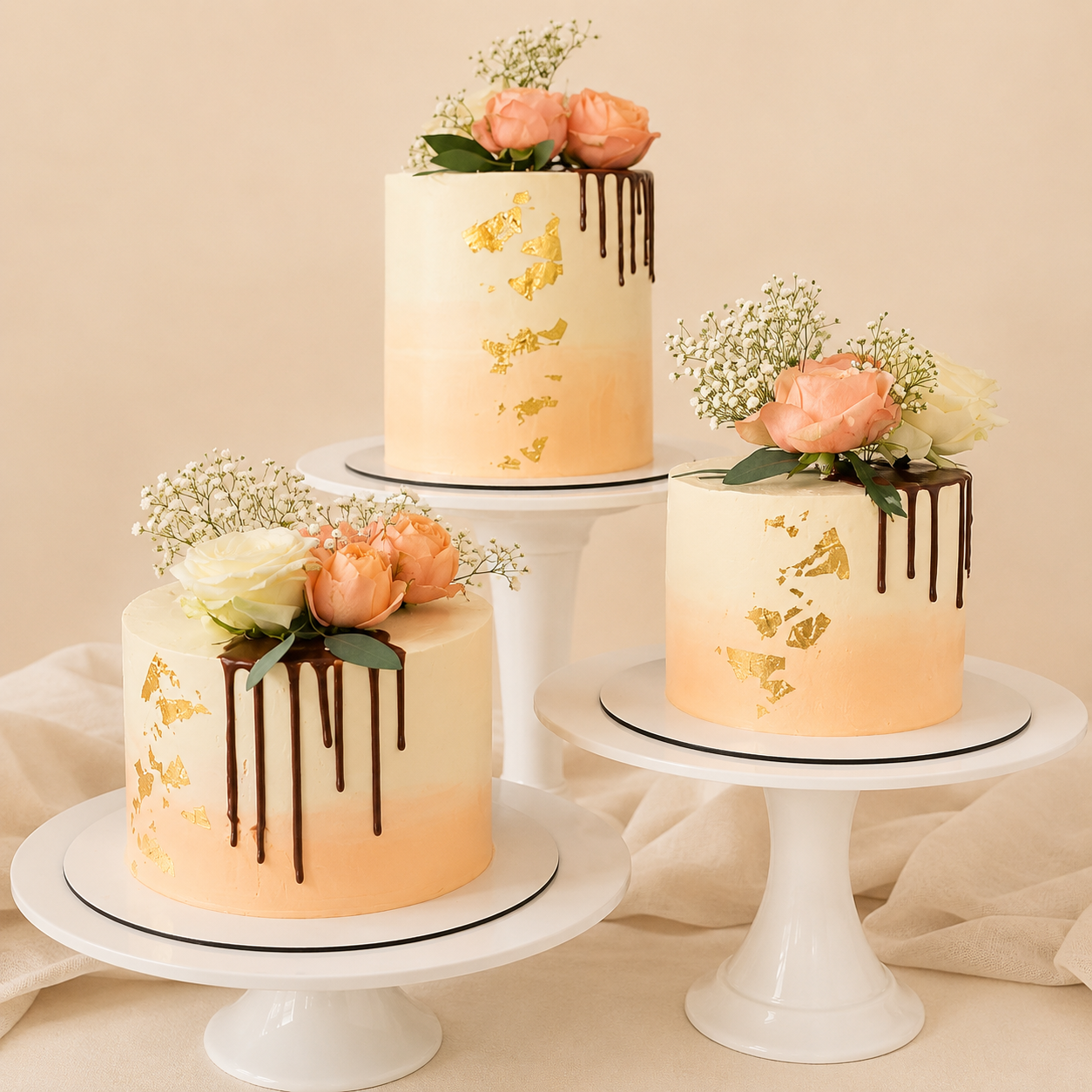 Drip Cake Trio mit frischen Blumen – Elegante Event- und Hochzeitstorten